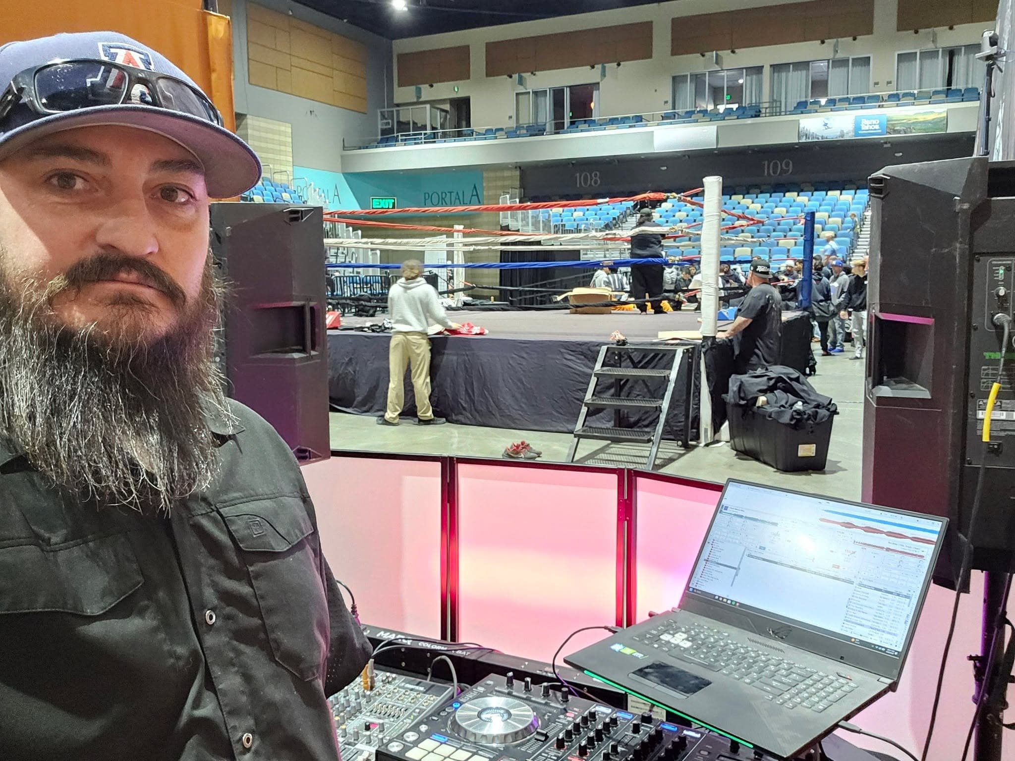 Full DJ setup for the Muay Thai tournament at Legion Sports fest, Reno Events Center